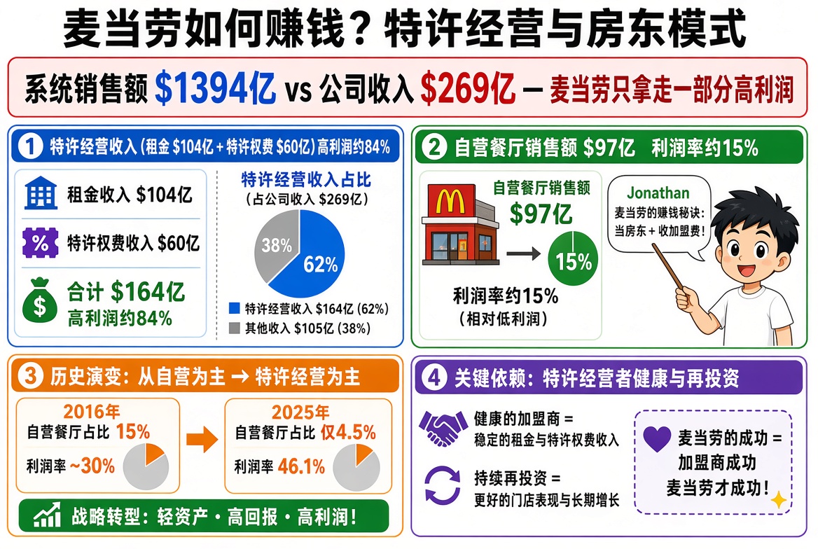 信息图《麦当劳如何赚钱？特许经营与房东模式》：麦当劳主要依靠约1394亿美元的全系统销售额收取高利润率的租金和特许权使用费，而自己只经营一小部分餐厅。